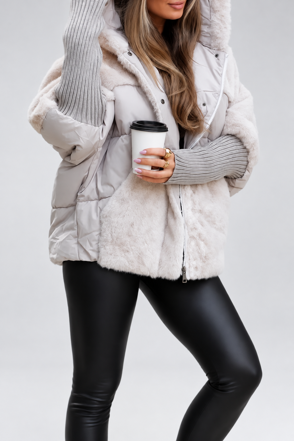 Women's Oversized Hooded Puffer Jacket with Plush Panels and Knit Sleeves in Light Grey – Front View