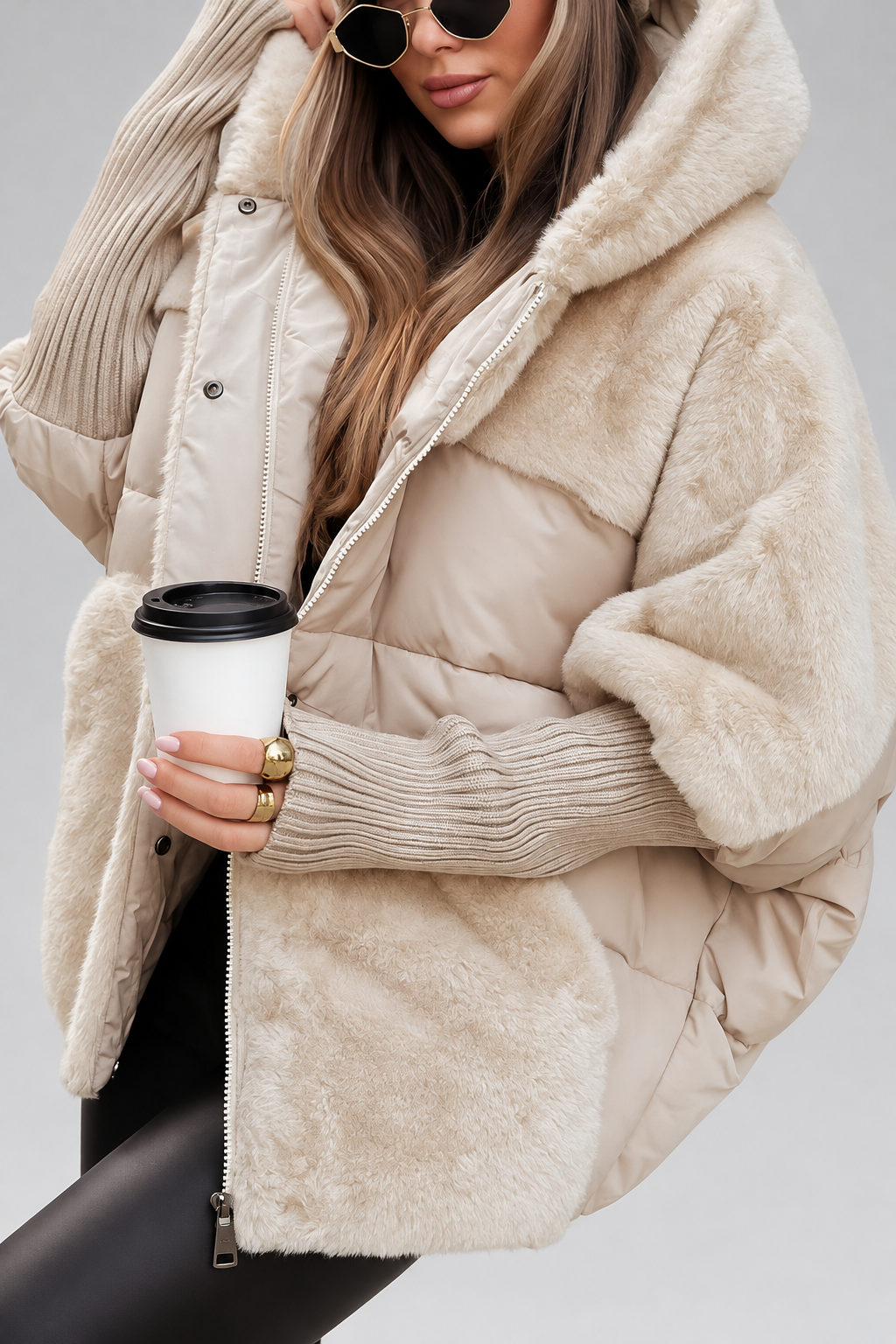 Women's Oversized Hooded Puffer Jacket with Plush Panels and Knit Sleeves in Beige – Front View