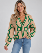 Women's Oversized Knit Cardigan with V Neck and Geometric Pattern