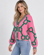 Women's Oversized Knit Cardigan with V Neck and Geometric Pattern