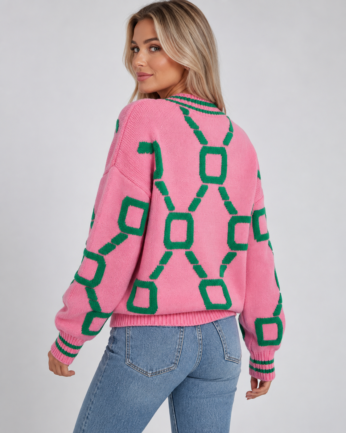 Women's Oversized Knit Cardigan with V Neck and Geometric Pattern