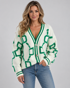 Women's Oversized Knit Cardigan with V Neck and Geometric Pattern