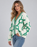 Women's Oversized Knit Cardigan with V Neck and Geometric Pattern