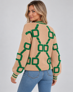 Women's Oversized Knit Cardigan with V Neck and Geometric Pattern