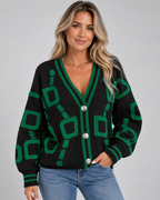 Women's Oversized Knit Cardigan with V Neck and Geometric Pattern
