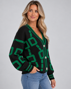 Women's Oversized Knit Cardigan with V Neck and Geometric Pattern