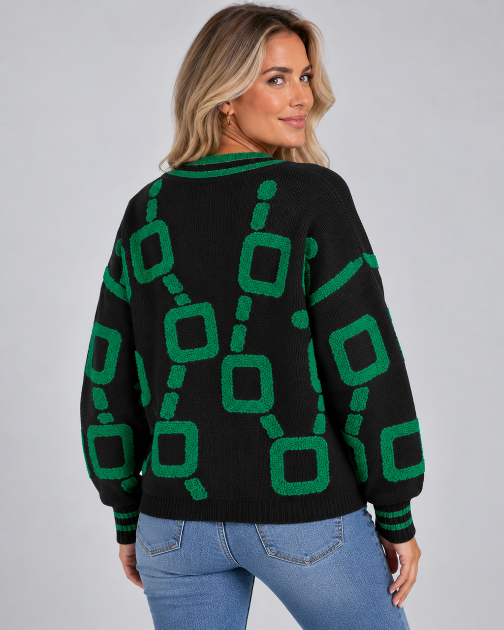 Women's Oversized Knit Cardigan with V Neck and Geometric Pattern