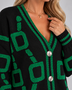 Women's Oversized Knit Cardigan with V Neck and Geometric Pattern