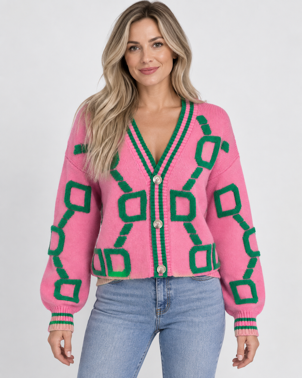 Women's Oversized Knit Cardigan with V Neck and Geometric Pattern