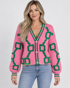 Women's Oversized Knit Cardigan with V Neck and Geometric Pattern