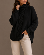 Women's Oversized Knit Turtleneck Jumper with Cable Texture