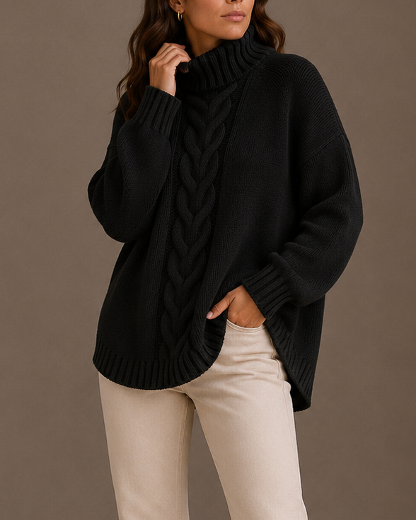 Women's Oversized Knit Turtleneck Jumper with Cable Texture