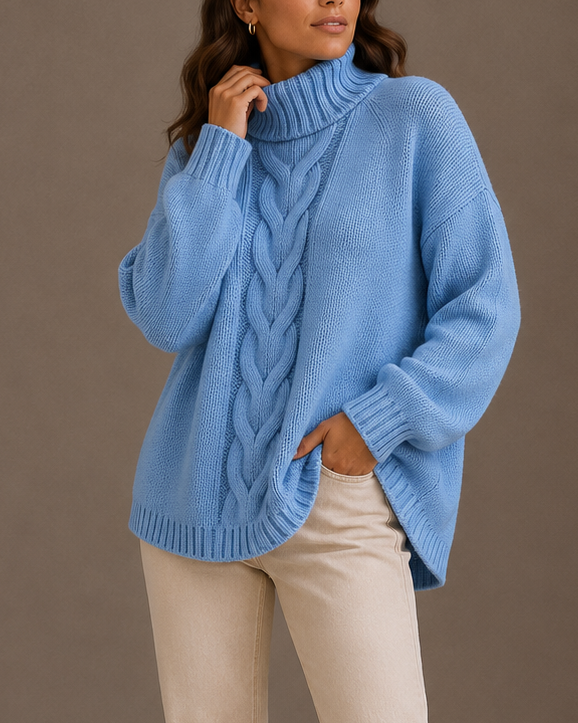 Women's Oversized Knit Turtleneck Jumper with Cable Texture
