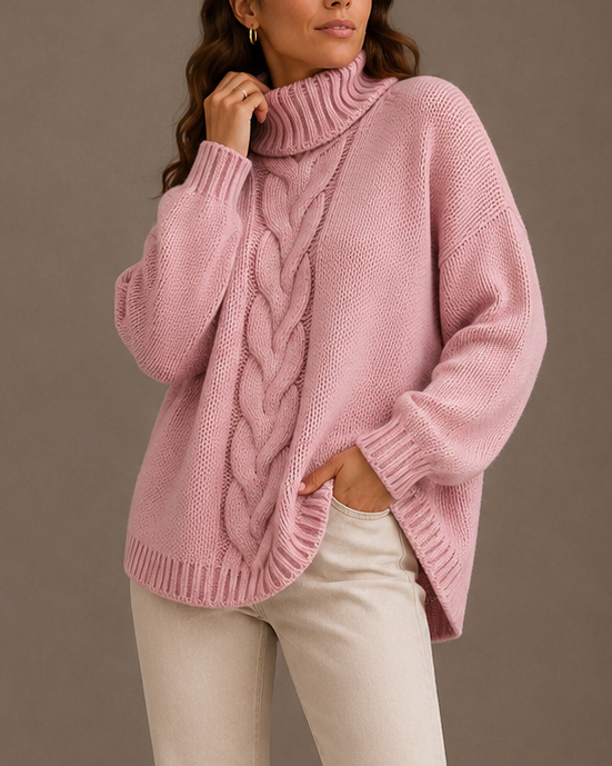 Women's Oversized Knit Turtleneck Jumper with Cable Texture