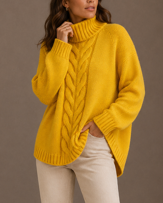 Women's Oversized Knit Turtleneck Jumper with Cable Texture