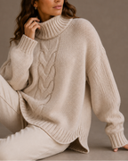Women's Oversized Knit Turtleneck Jumper with Cable Texture