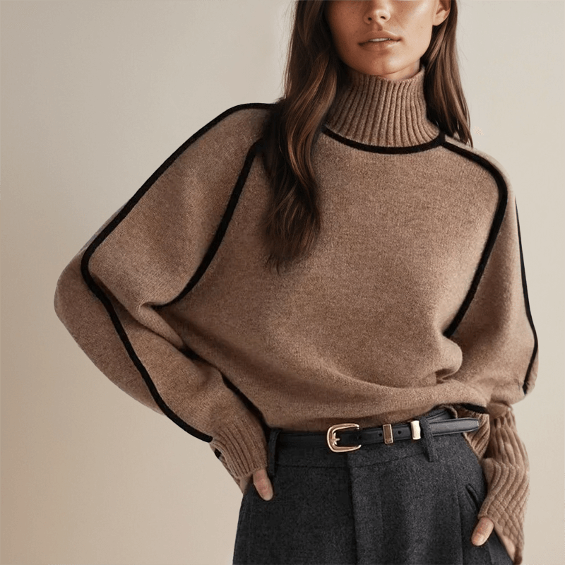 Women's Oversized Knit Turtleneck Jumper with Contrast Stripes