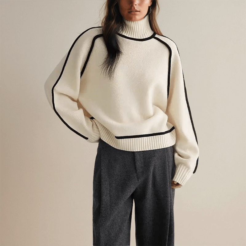 Women's Oversized Knit Turtleneck Jumper with Contrast Stripes