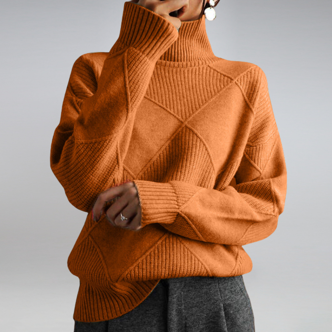 Women's Oversized Knit Turtleneck Jumper with Diamond Texture