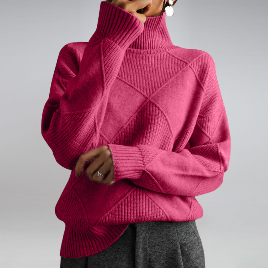 Women's Oversized Knit Turtleneck Jumper with Diamond Texture