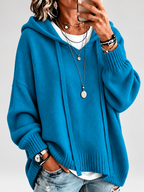 Women's Oversized Knitted Hooded Jumper with Drawstrings and Balloon Sleeves in Blue – Front View