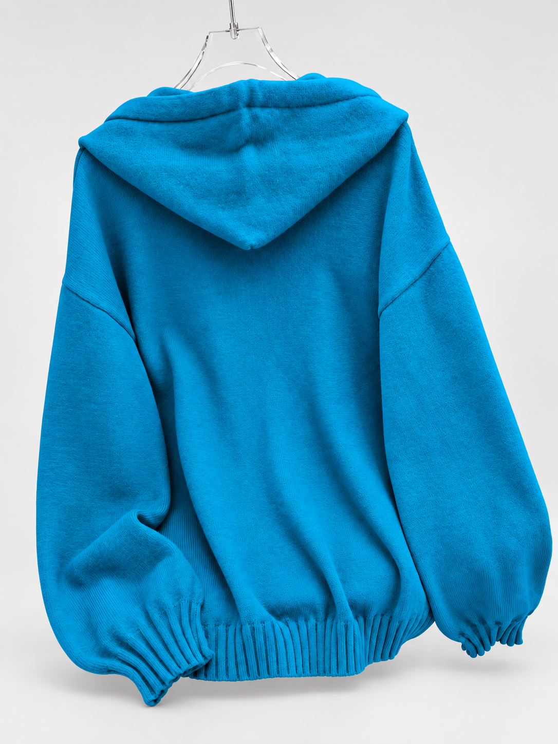 Women's Oversized Knitted Hooded Jumper with Drawstrings and Balloon Sleeves in Blue – Back View