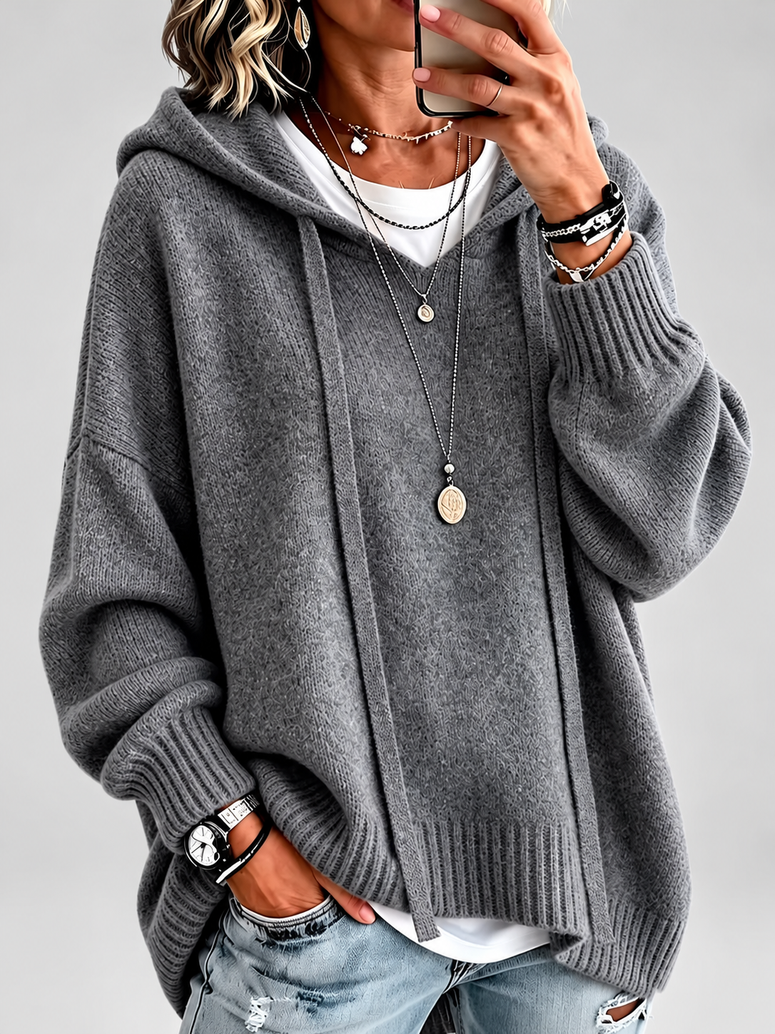 Women's Oversized Knitted Hooded Jumper with Drawstrings and Balloon Sleeves in Dark Grey – Front View