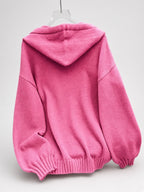 Women's Oversized Knitted Hooded Jumper with Drawstrings and Balloon Sleeves in Dark Pink – Flat Lay