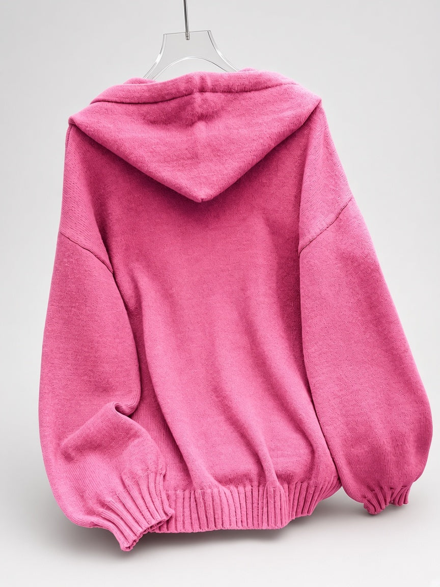 Women's Oversized Knitted Hooded Jumper with Drawstrings and Balloon Sleeves in Dark Pink – Flat Lay