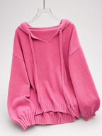Women's Oversized Knitted Hooded Jumper with Drawstrings and Balloon Sleeves in Dark Pink – Flat Lay