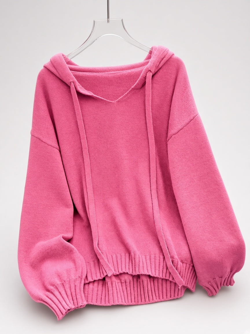 Women's Oversized Knitted Hooded Jumper with Drawstrings and Balloon Sleeves in Dark Pink – Flat Lay