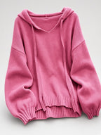 Women's Oversized Knitted Hooded Jumper with Drawstrings and Balloon Sleeves in Dark Pink – Flat Lay