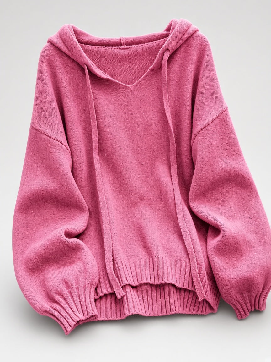 Women's Oversized Knitted Hooded Jumper with Drawstrings and Balloon Sleeves in Dark Pink – Flat Lay