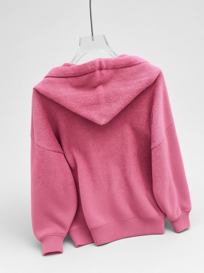 Women's Oversized Knitted Hooded Jumper with Drawstrings and Balloon Sleeves in Dark Pink – Back View