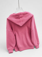 Women's Oversized Knitted Hooded Jumper with Drawstrings and Balloon Sleeves in Dark Pink – Back View