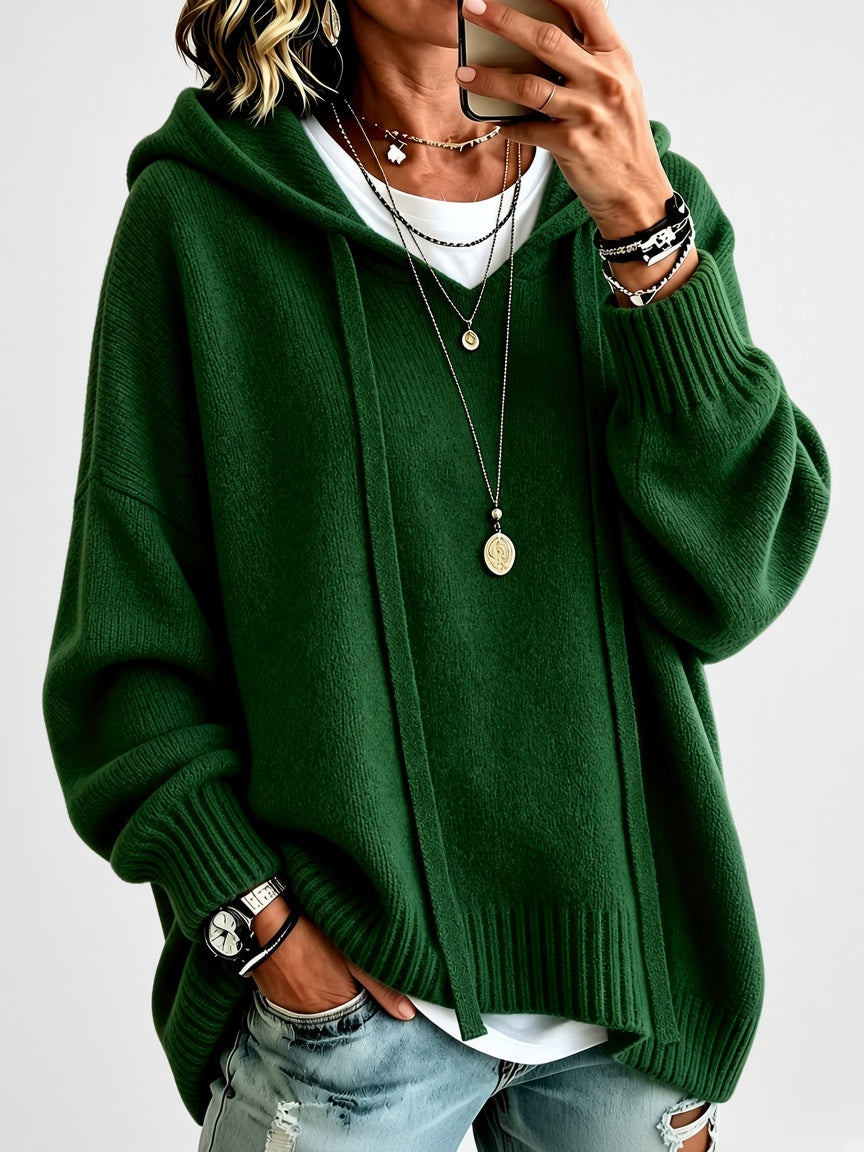 Women's Oversized Knitted Hooded Jumper with Drawstrings and Balloon Sleeves in Green – Front View