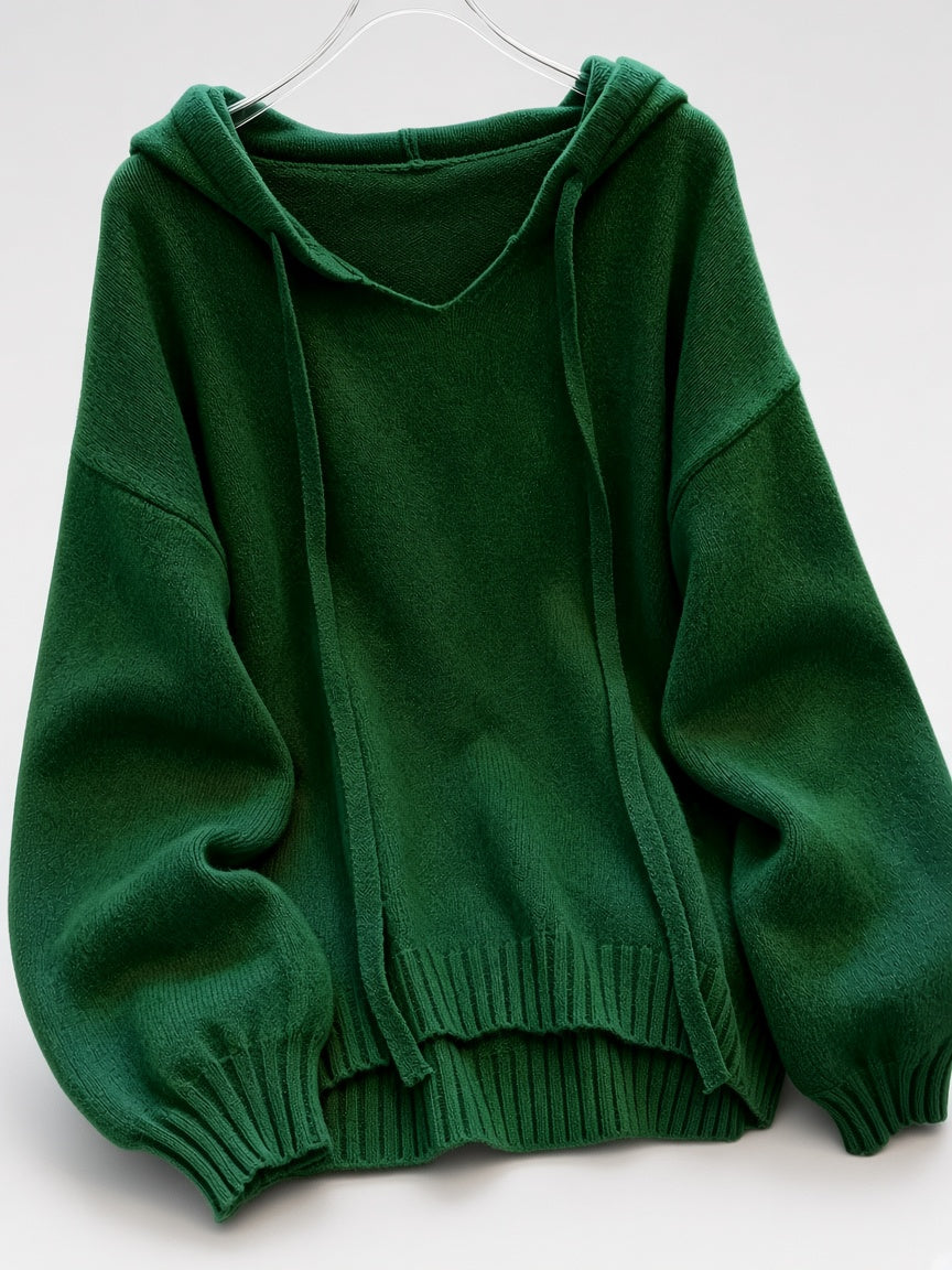 Women's Oversized Knitted Hooded Jumper with Drawstrings and Balloon Sleeves in Green – Flat Lay