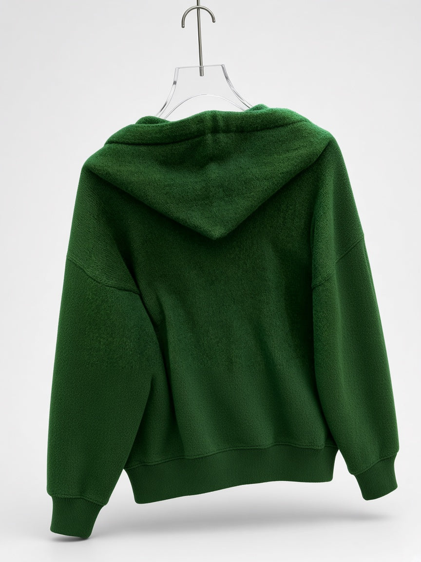 Women's Oversized Knitted Hooded Jumper with Drawstrings and Balloon Sleeves in Green – Back View
