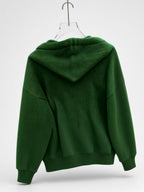 Women's Oversized Knitted Hooded Jumper with Drawstrings and Balloon Sleeves in Green – Back View