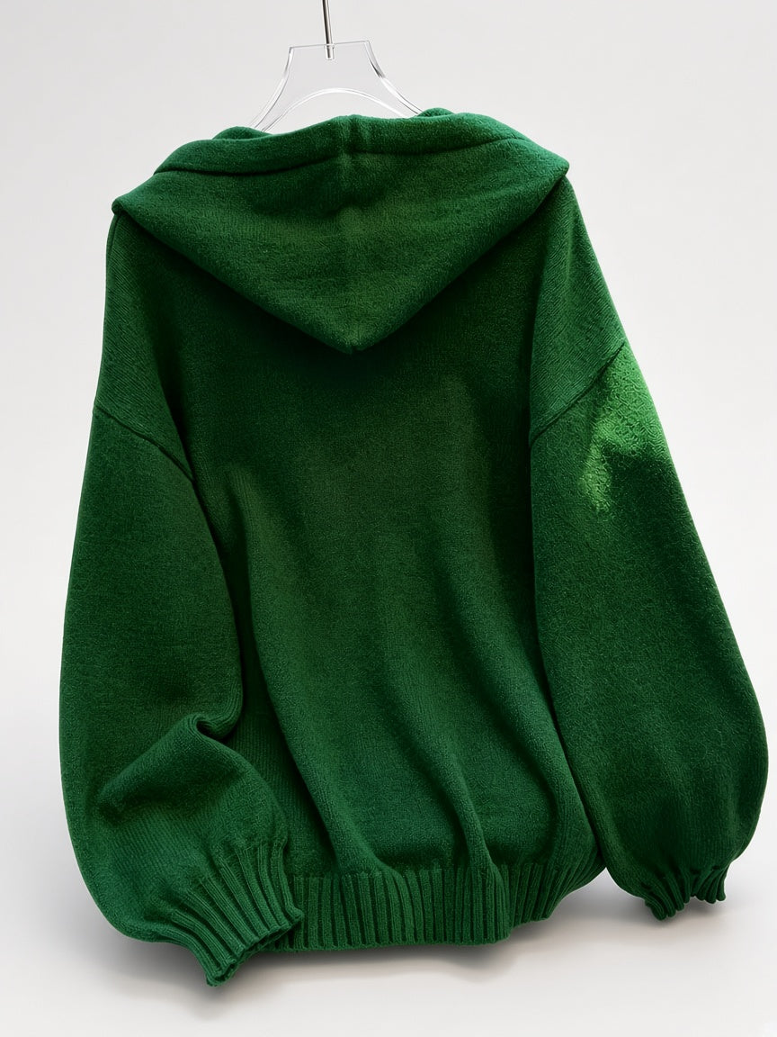 Women's Oversized Knitted Hooded Jumper with Drawstrings and Balloon Sleeves in Green – Back View