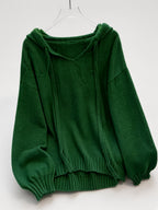 Women's Oversized Knitted Hooded Jumper with Drawstrings and Balloon Sleeves in Green – Flat Lay