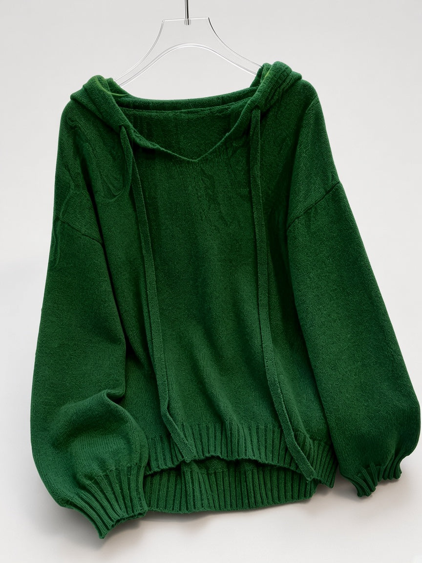 Women's Oversized Knitted Hooded Jumper with Drawstrings and Balloon Sleeves in Green – Flat Lay