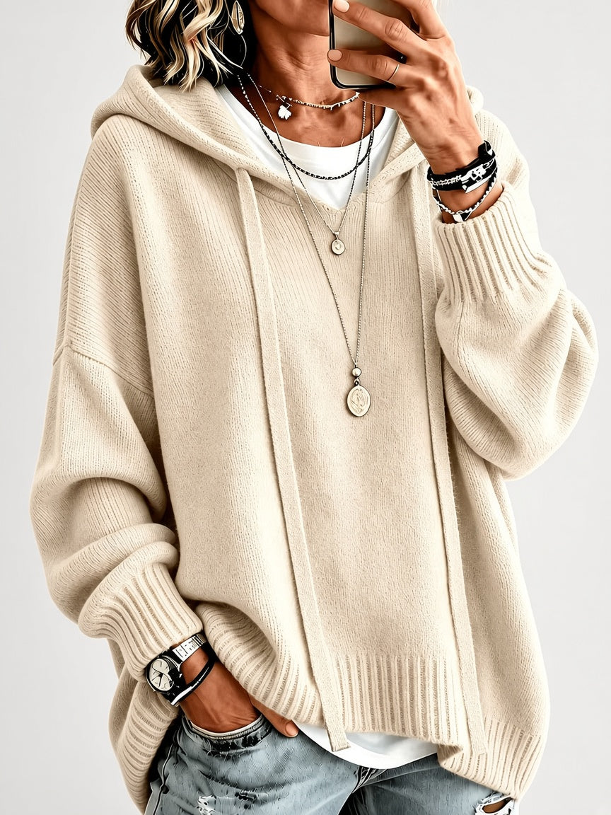 Women's Oversized Knitted Hooded Jumper with Drawstrings and Balloon Sleeves in Khaki – Front View