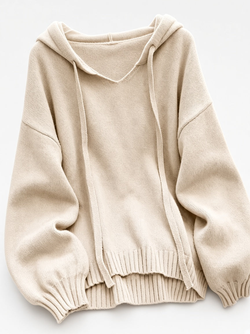 Women's Oversized Knitted Hooded Jumper with Drawstrings and Balloon Sleeves in Khaki – Flat Lay