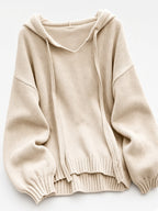 Women's Oversized Knitted Hooded Jumper with Drawstrings and Balloon Sleeves in Khaki – Flat Lay