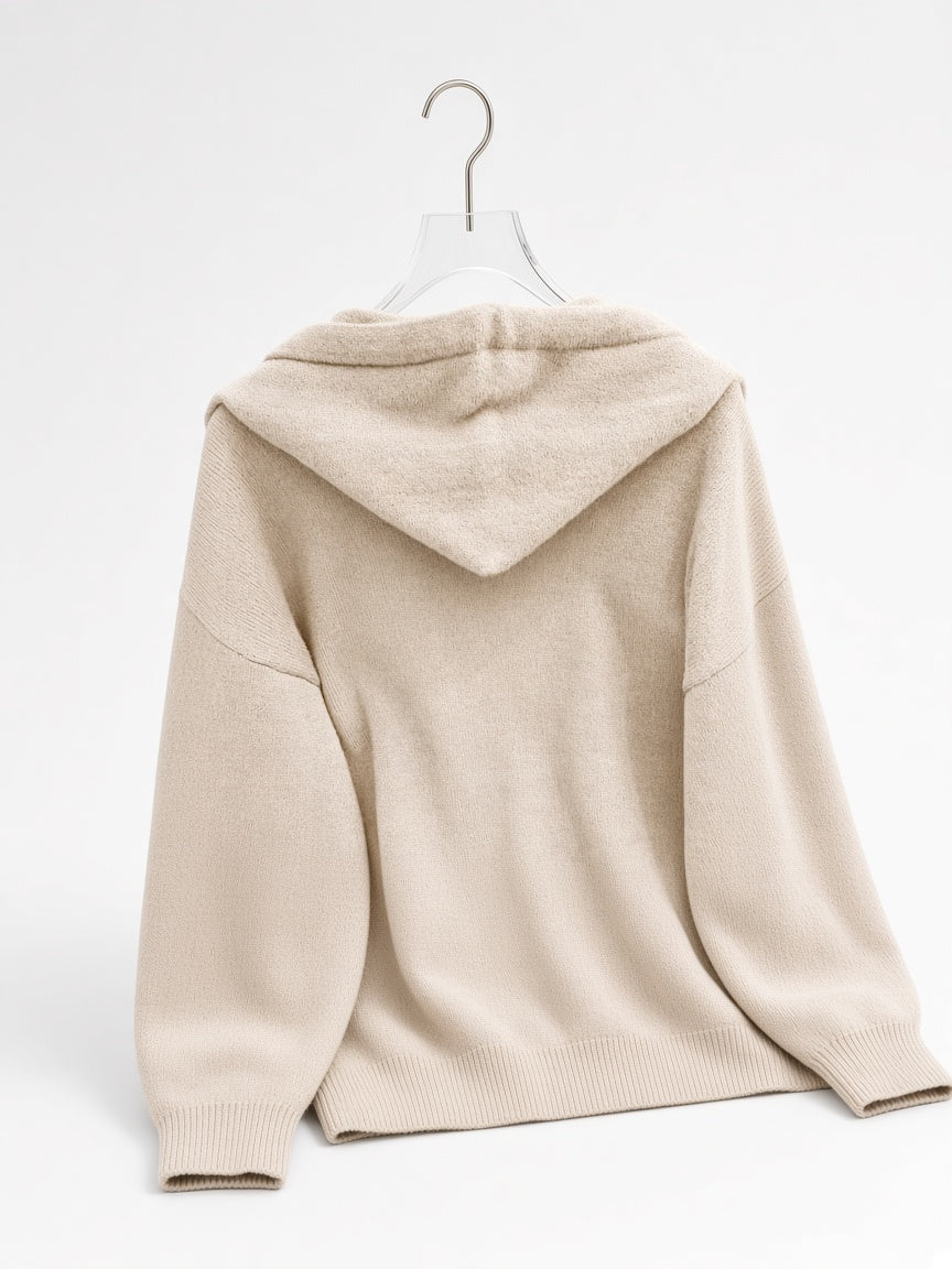 Women's Oversized Knitted Hooded Jumper with Drawstrings and Balloon Sleeves in Khaki – Back View