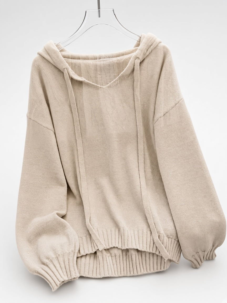 Women's Oversized Knitted Hooded Jumper with Drawstrings and Balloon Sleeves in Khaki – Flat Lay