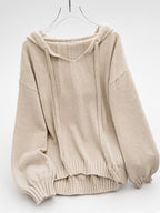 Women's Oversized Knitted Hooded Jumper with Drawstrings and Balloon Sleeves in Khaki – Flat Lay