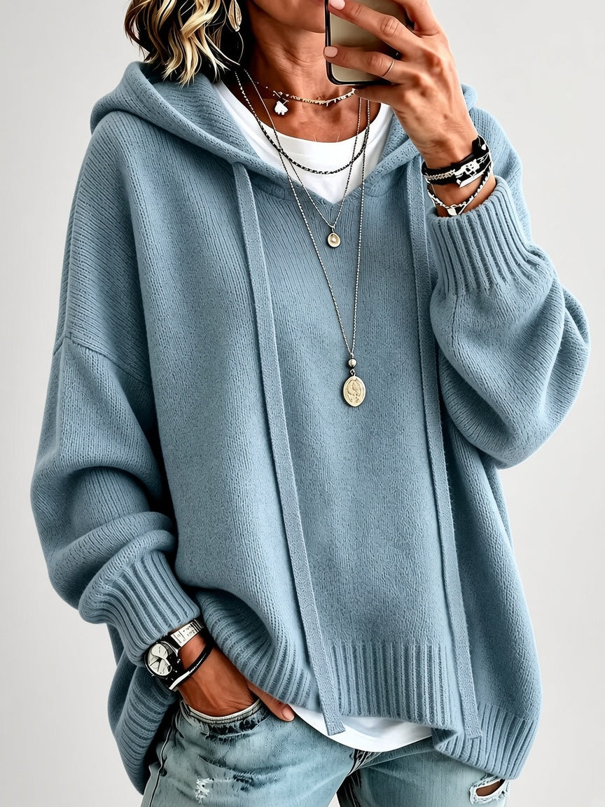 Women's Oversized Knitted Hooded Jumper with Drawstrings and Balloon Sleeves in Military Blue – Front View