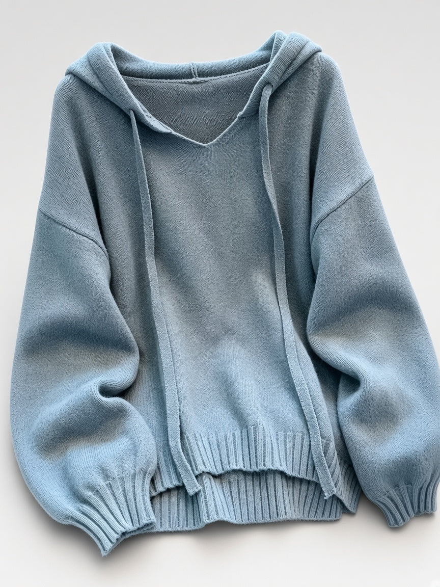 Women's Oversized Knitted Hooded Jumper with Drawstrings and Balloon Sleeves in Military Blue – Flat Lay